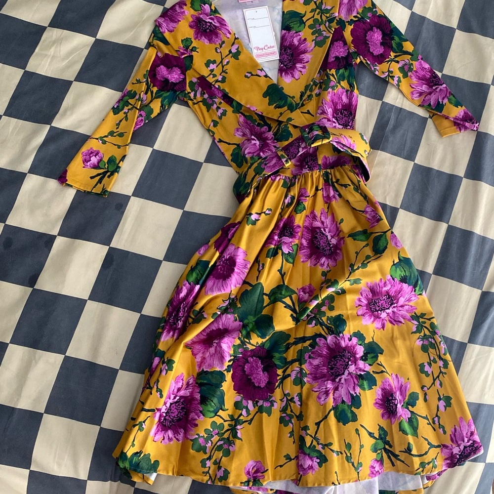 Pinup Couture PUG Girl Clothing Small Floral Birdie Dress Mustard Purple Easter
